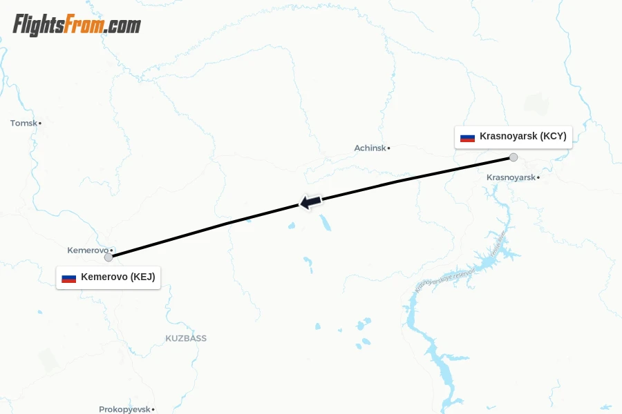 Flights from Krasnoyarsk to Kemerovo route map
