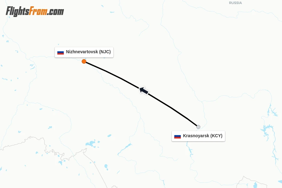 Flights from Krasnoyarsk to Nizhnevartovsk route map
