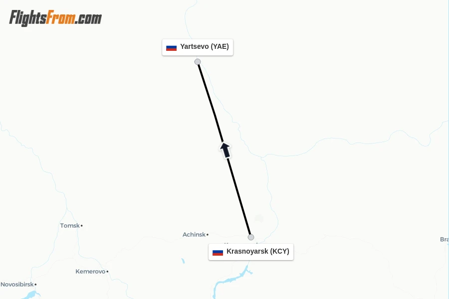 Flights from Krasnoyarsk to Yartsevo route map