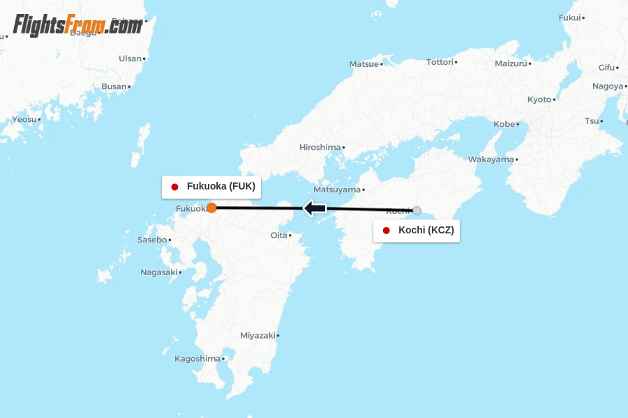 Flights from Kochi to Fukuoka route map