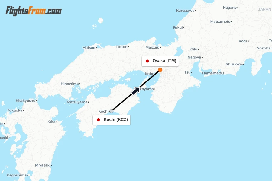 Flights from Kochi to Osaka route map