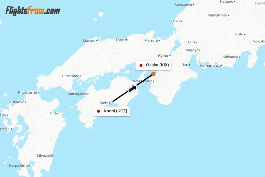 Flights from Kochi to Osaka route map