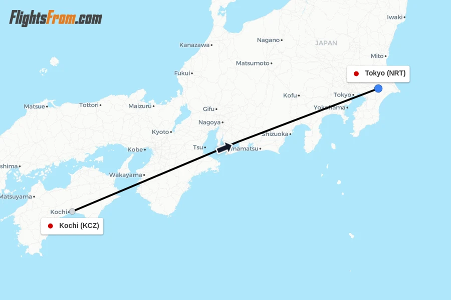 Flights from Kochi to Tokyo route map