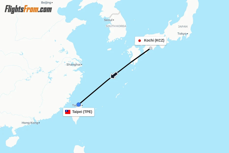 Flights from Kochi to Taipei route map