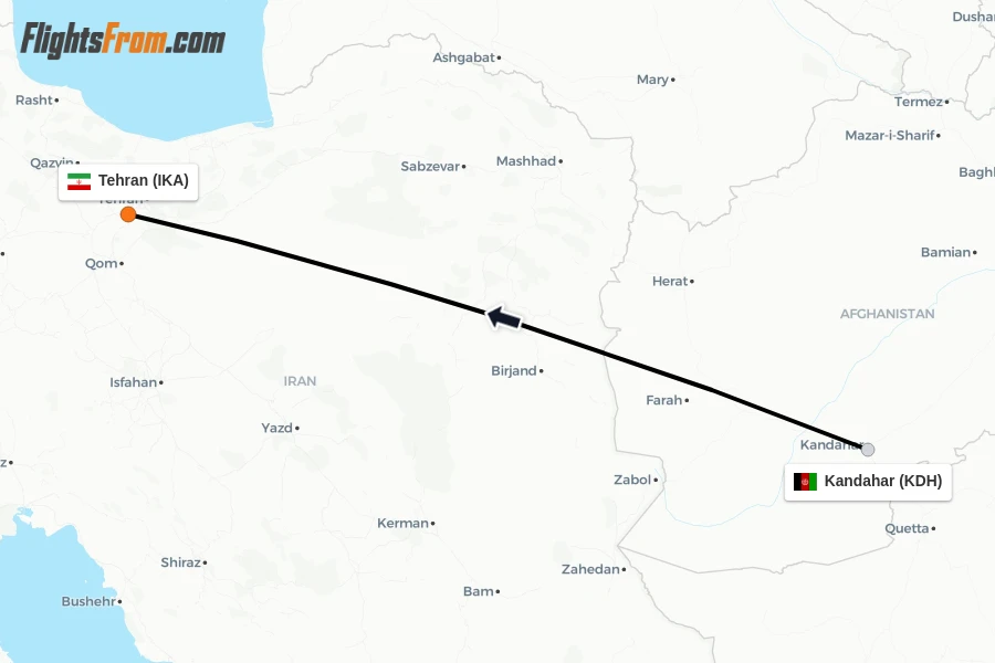Flights from Kandahar to Tehran route map