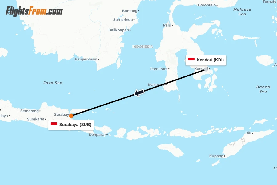 Flights from Kendari to Surabaya route map