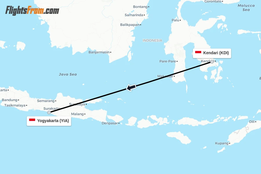 Flights from Kendari to Yogyakarta route map