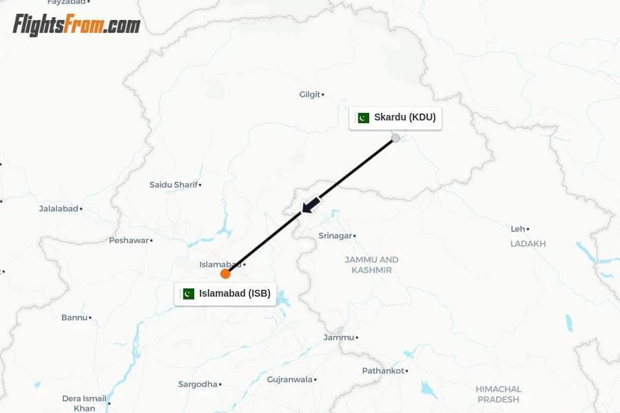 Flights from Skardu to Islamabad route map