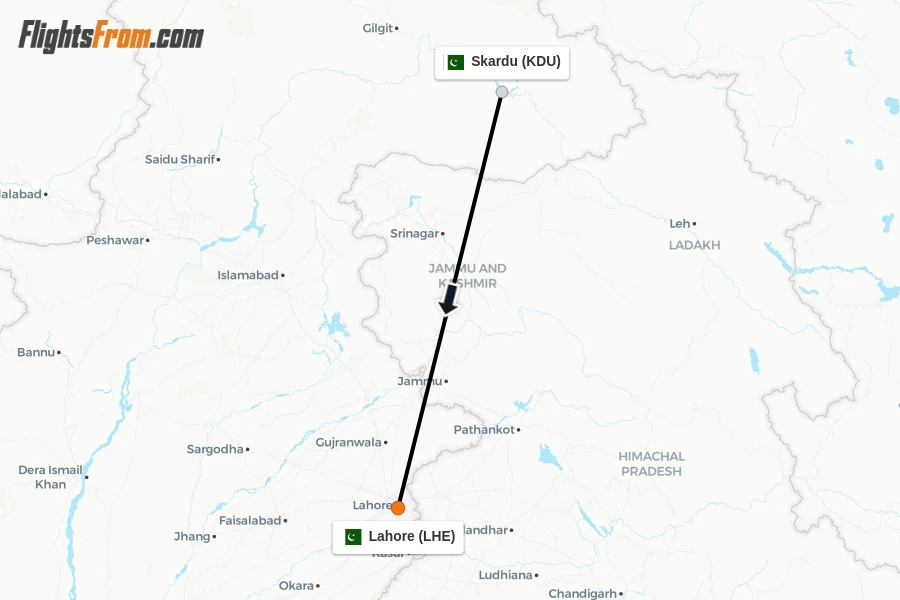 Flights from Skardu to Lahore route map