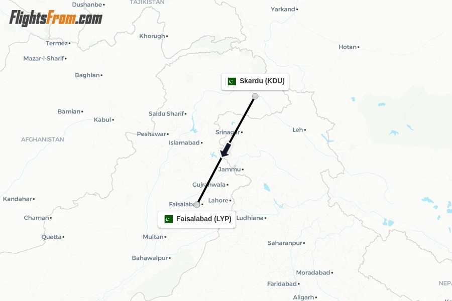 Flights from Skardu to Faisalabad route map