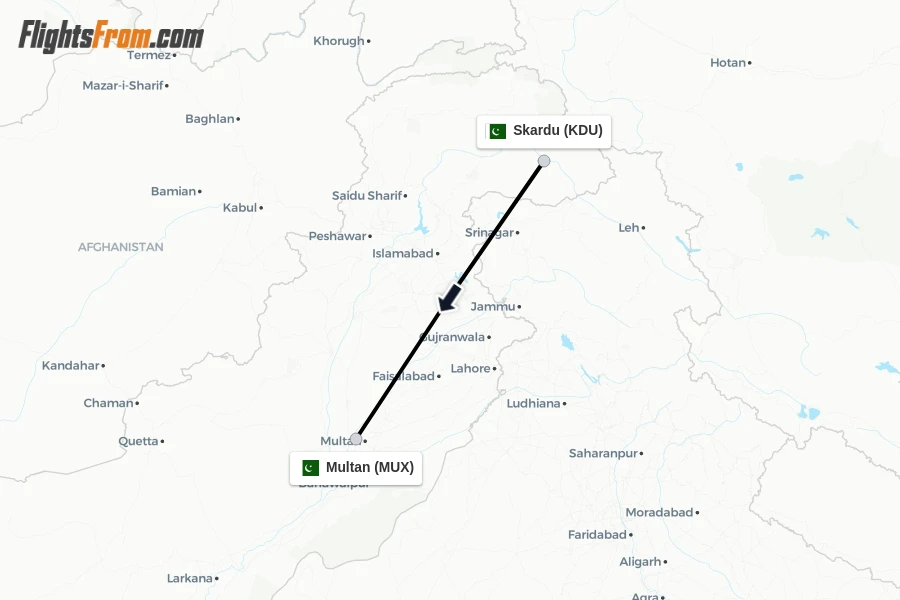 Flights from Skardu to Multan route map