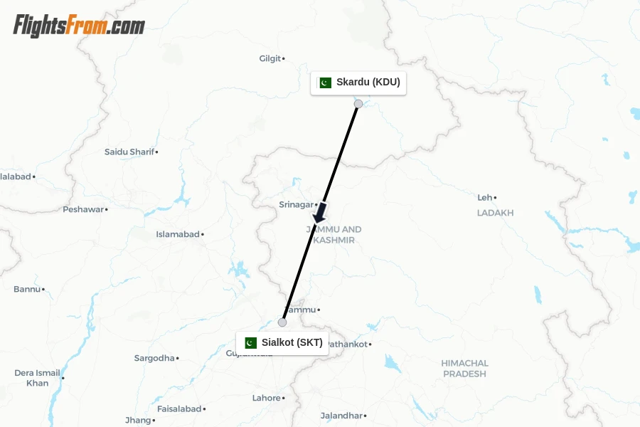 Flights from Skardu to Sialkot route map