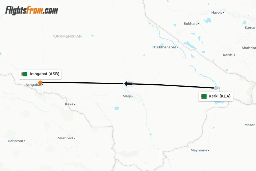 Flights from Kerki to Ashgabat route map