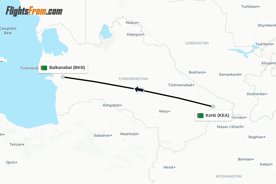 Flights from Kerki to Balkanabat route map
