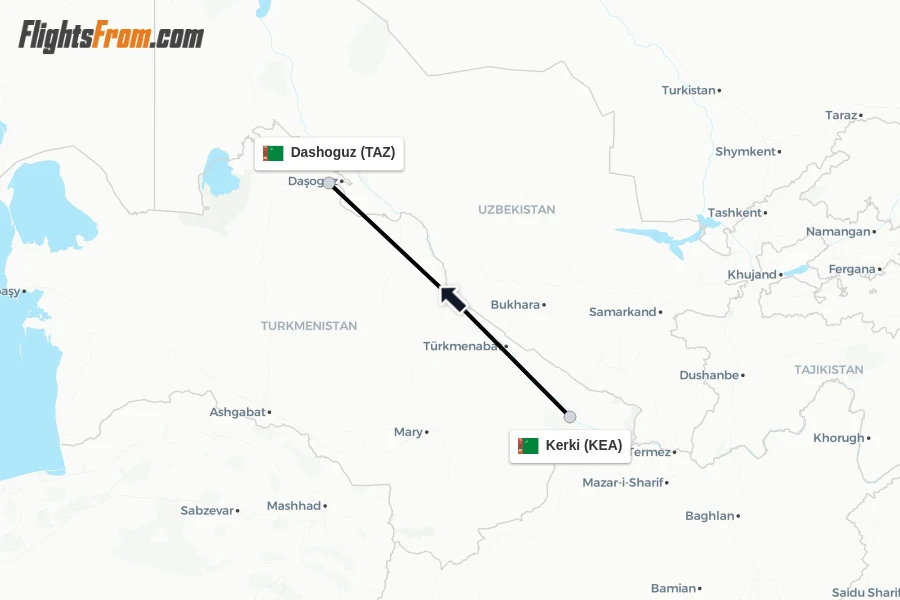 Flights from Kerki to Dashoguz route map