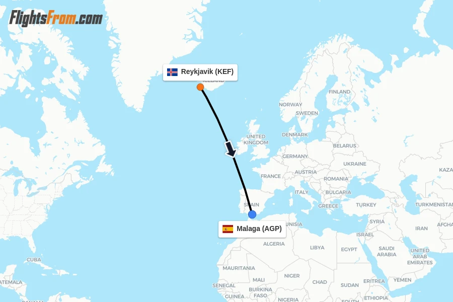 Flights from Reykjavik to Malaga route map