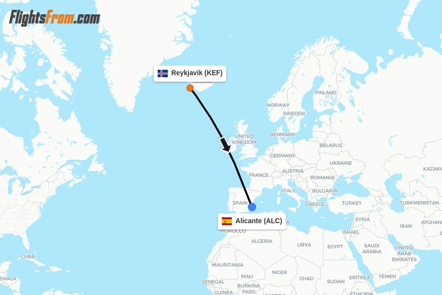 Flights from Reykjavik to Alicante route map