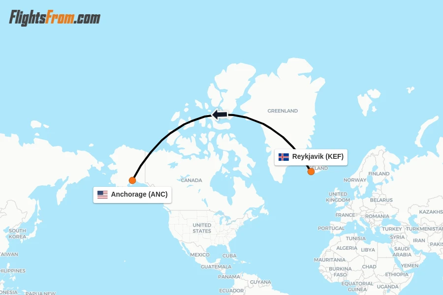 Flights from Reykjavik to Anchorage route map