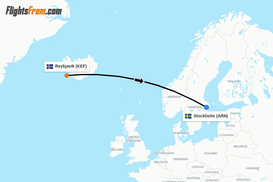Flights from Reykjavik to Stockholm route map