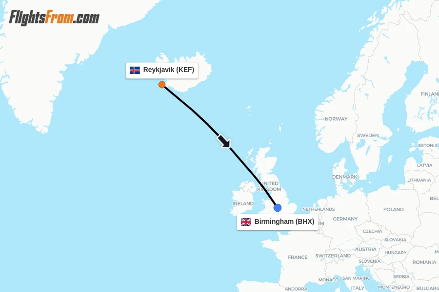 Flights from Reykjavik to Birmingham route map