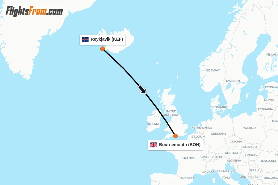 Flights from Reykjavik to Bournemouth route map