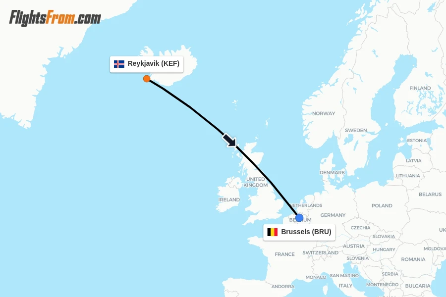 Flights from Reykjavik to Brussels route map
