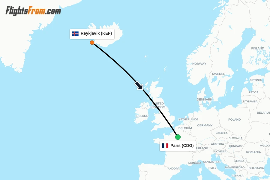 Flights from Reykjavik to Paris route map