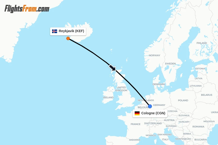 Flights from Reykjavik to Cologne route map