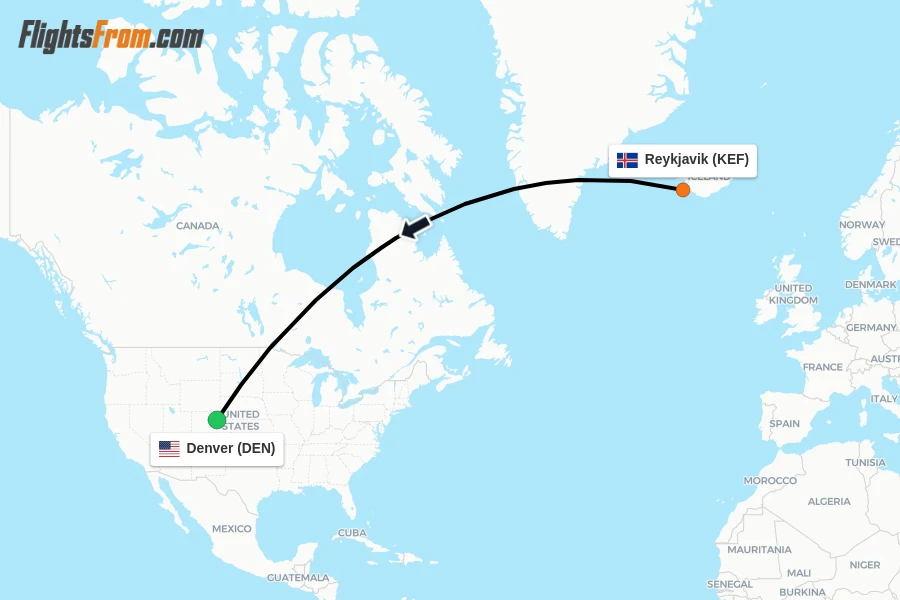 Flights from Reykjavik to Denver route map