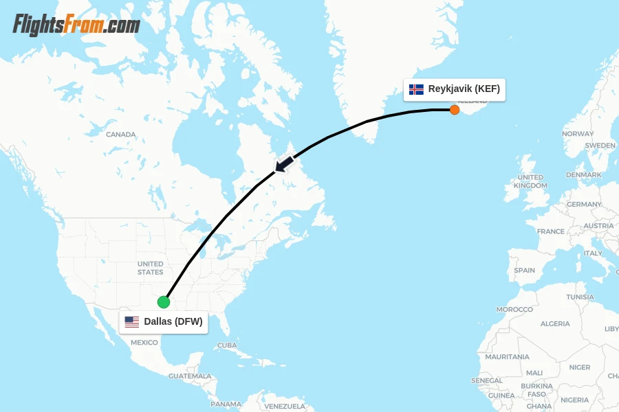 Flights from Reykjavik to Dallas route map