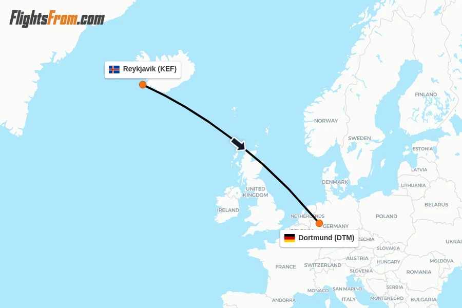 Flights from Reykjavik to Dortmund route map