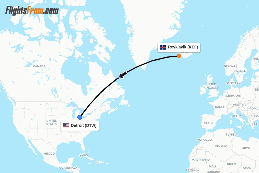 Flights from Reykjavik to Detroit route map