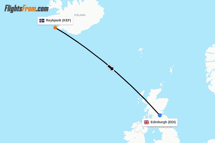 Flights from Reykjavik to Edinburgh route map