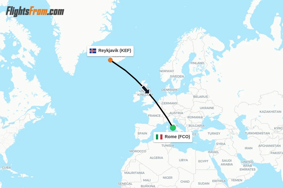 Flights from Reykjavik to Rome route map