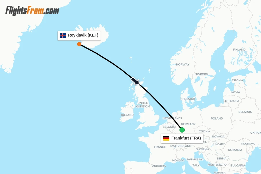 Flights from Reykjavik to Frankfurt route map