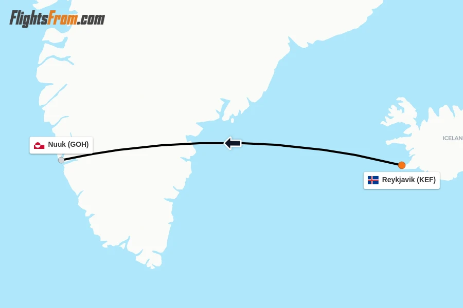 Flights from Reykjavik to Nuuk route map
