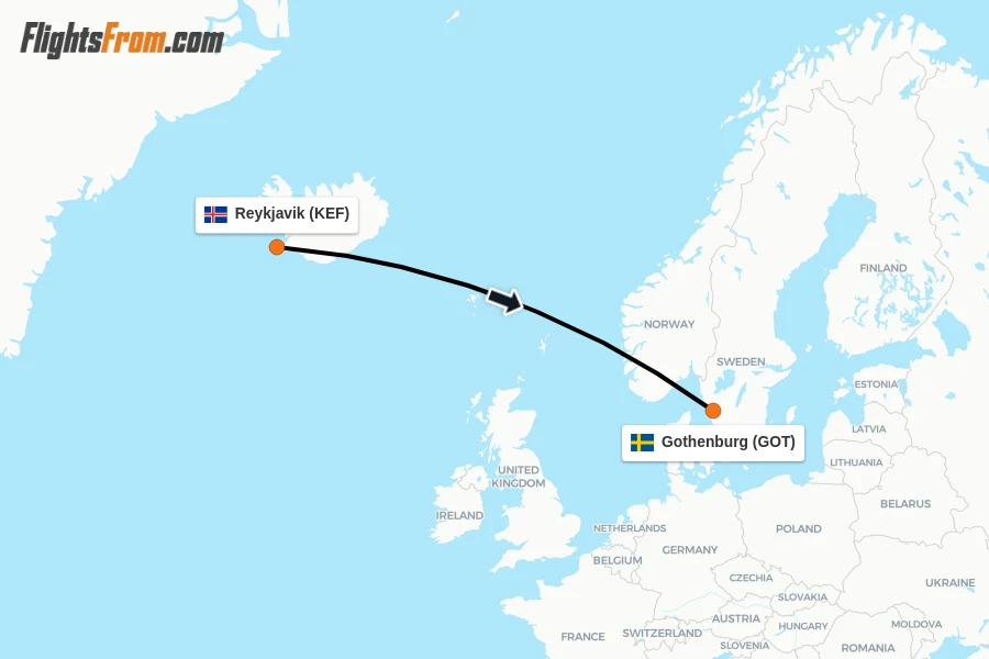 Flights from Reykjavik to Gothenburg route map