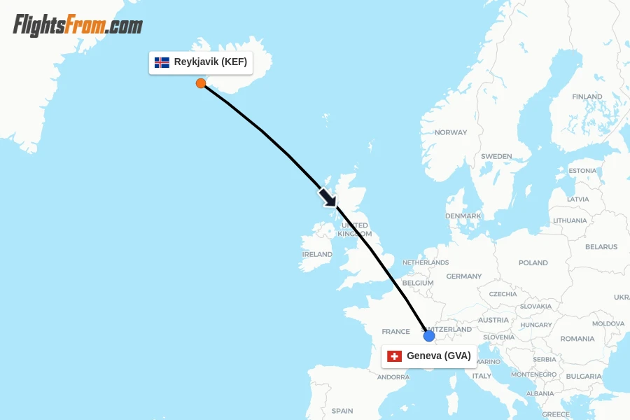 Flights from Reykjavik to Geneva route map