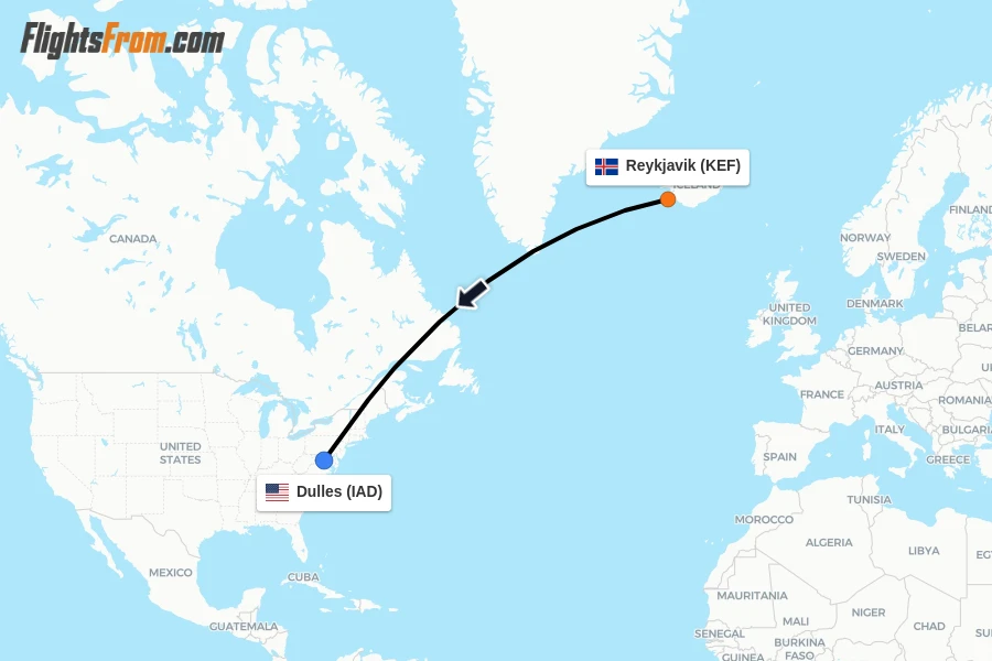 Flights from Reykjavik to Dulles route map