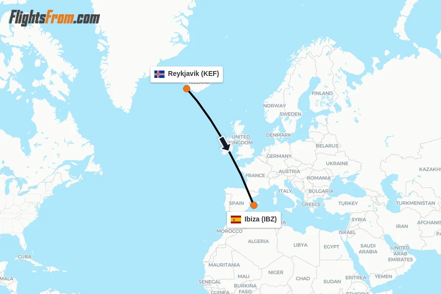 Flights from Reykjavik to Ibiza route map