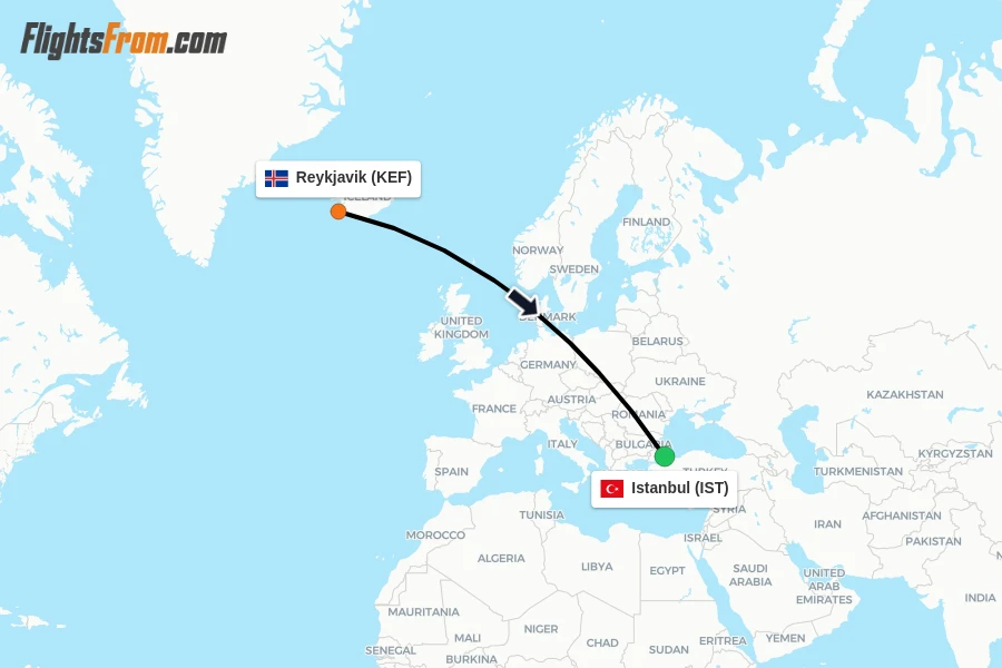 Flights from Reykjavik to Istanbul route map