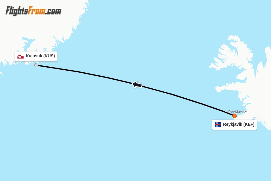 Flights from Reykjavik to Kulusuk route map