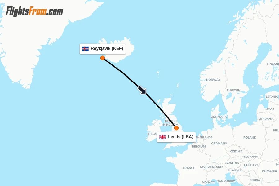 Flights from Reykjavik to Leeds route map