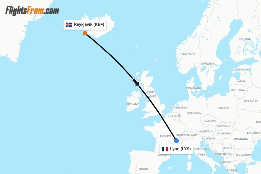 Flights from Reykjavik to Lyon route map