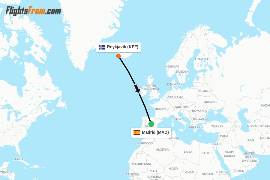 Flights from Reykjavik to Madrid route map