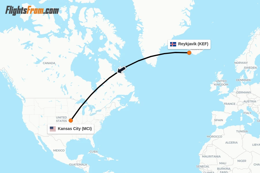 Flights from Reykjavik to Kansas City route map