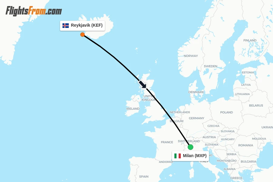 Flights from Reykjavik to Milan route map