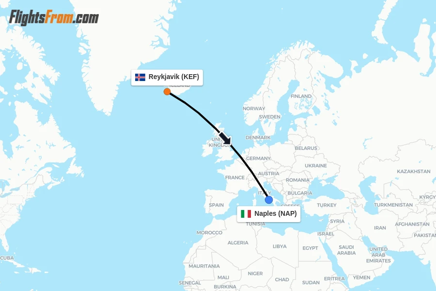 Flights from Reykjavik to Naples route map