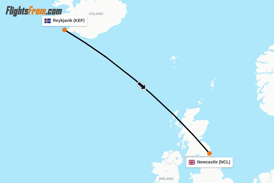 Flights from Reykjavik to Newcastle route map