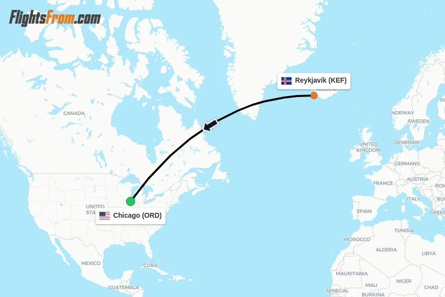 Flights from Reykjavik to Chicago route map